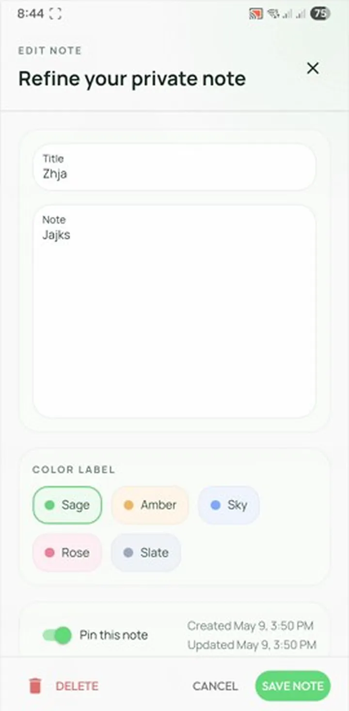 NoteVault Android interface